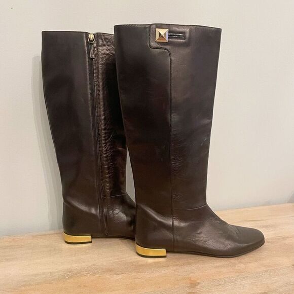 Kate Spade Knee High Boots Black Leather Made Italy Size 7 Gold Heel Equestrian - Picture 2 of 12
